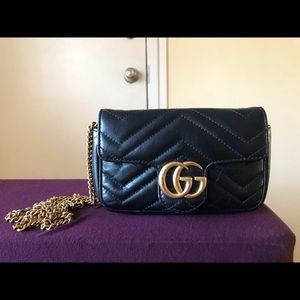 Authentic Gucci GG Super Mini Marmont Black Calfskin Matelassé Bag